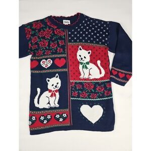 Vintage 90's Basic Editions  Kitty Cat Blue Knit Sweater Womens M Hearts‎ Roses